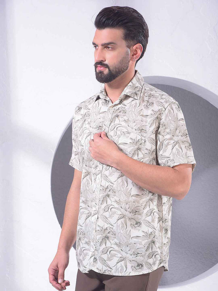 Grey Floral Print Linen Shirt
