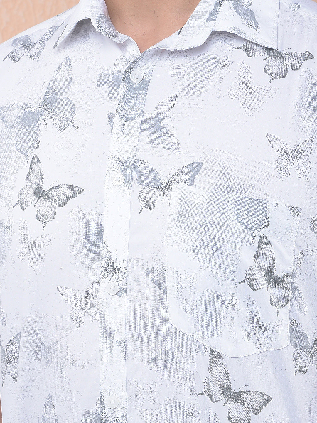 White Floral Print Modal Shirt