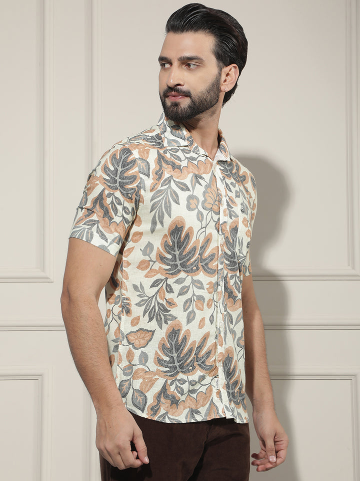 Orange Floral Print Linen Shirt