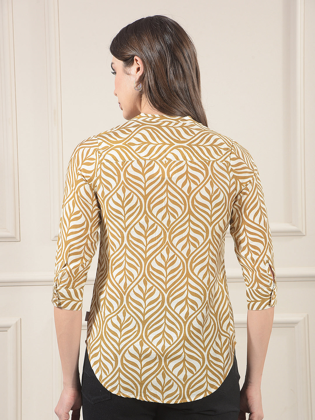 Brown Botanical Print V-Neck Top