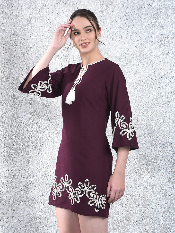 Wine Embroidered Mini Dress