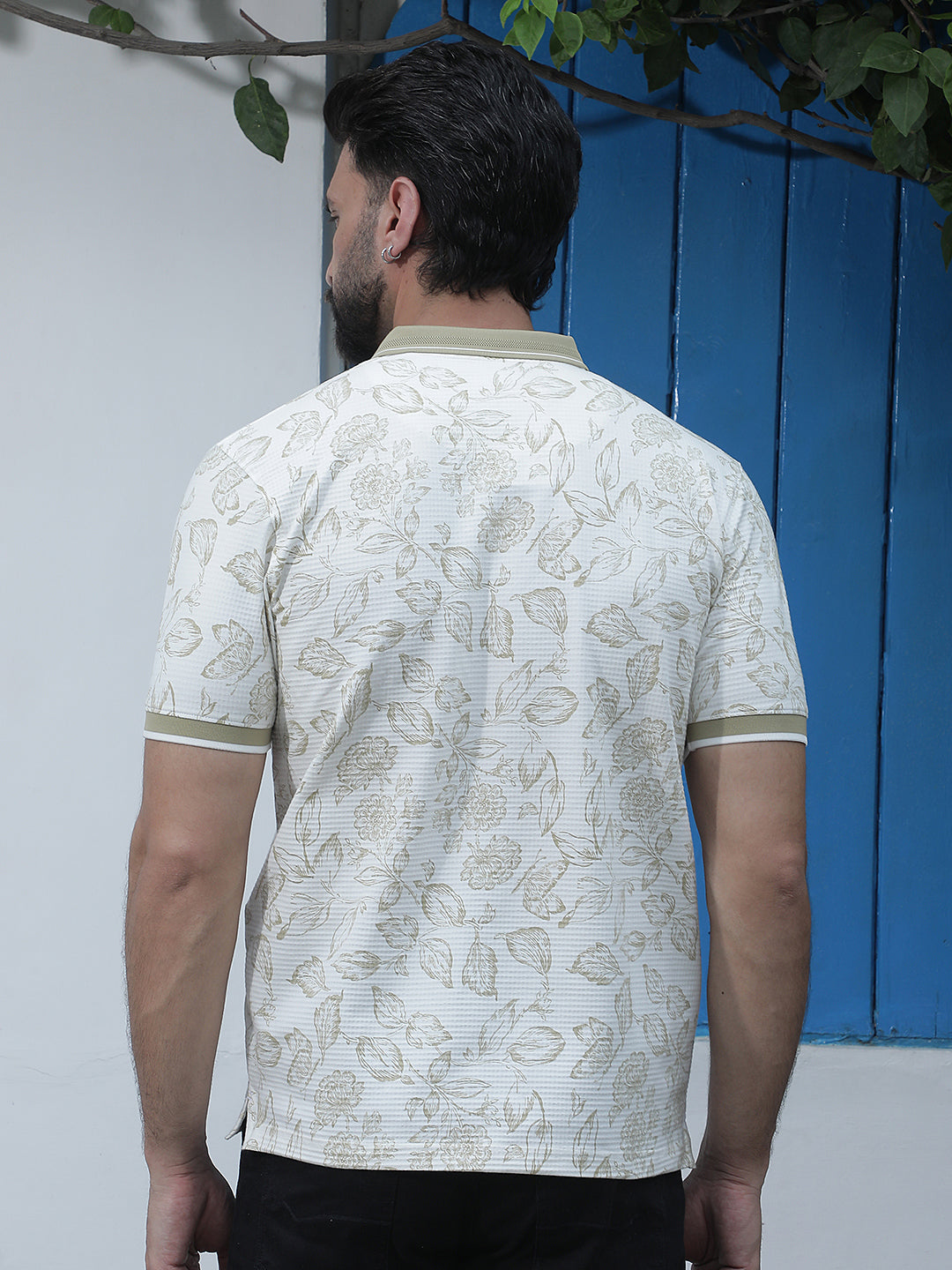 White Floral Print Polo Neck T-Shirt