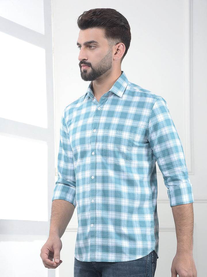 Umber Celeste Blue Checked 100% Cotton Shirt