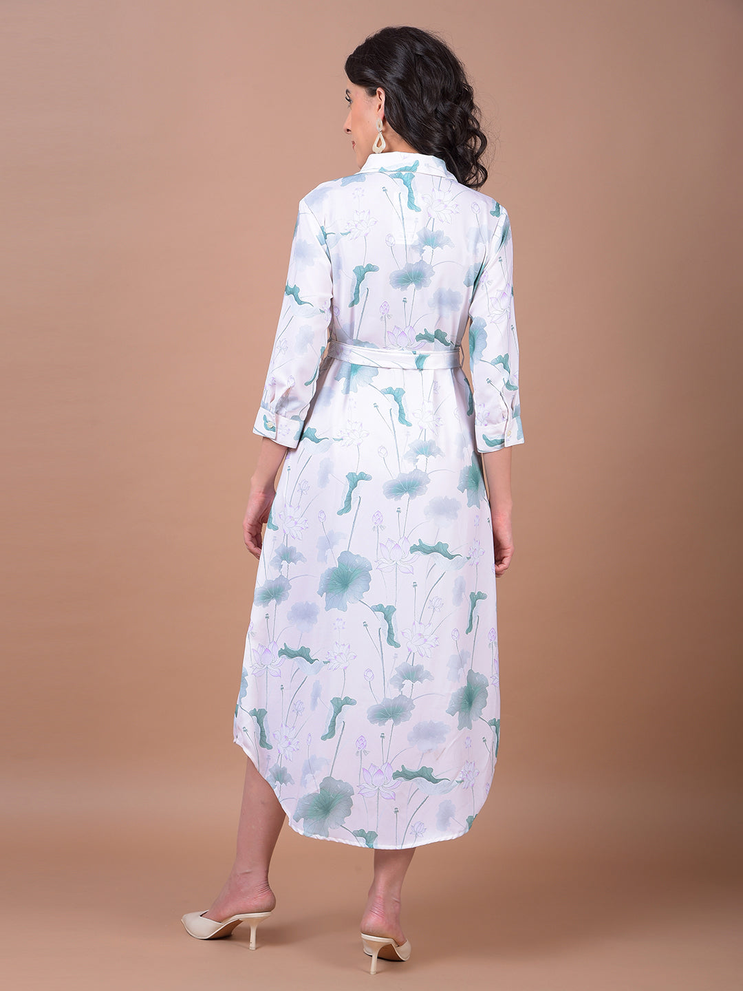 Green Floral Print Belted Shirt Dress