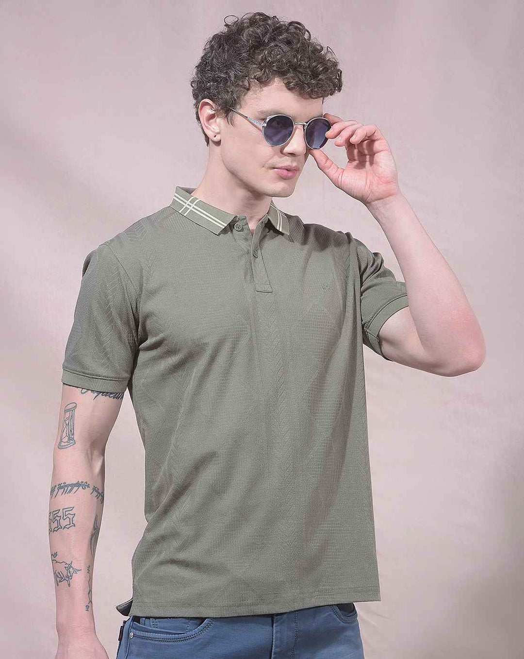 Olive Jacquard Polo Neck T-Shirt