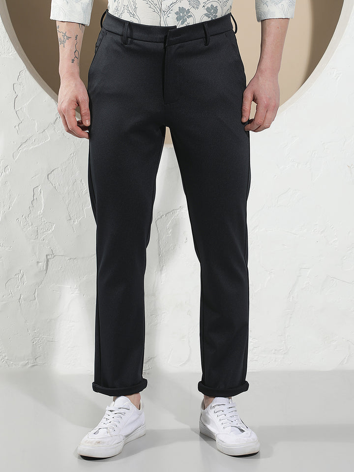 Navy Blue Textured Trousers