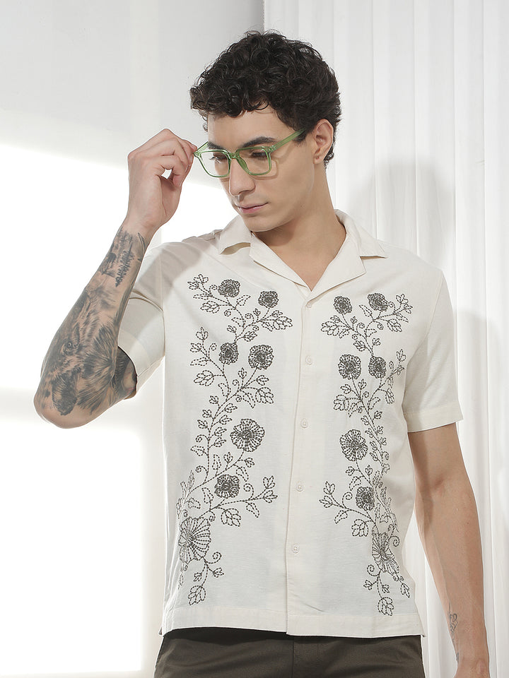 Beige Floral Cuban Collar Linen Shirt