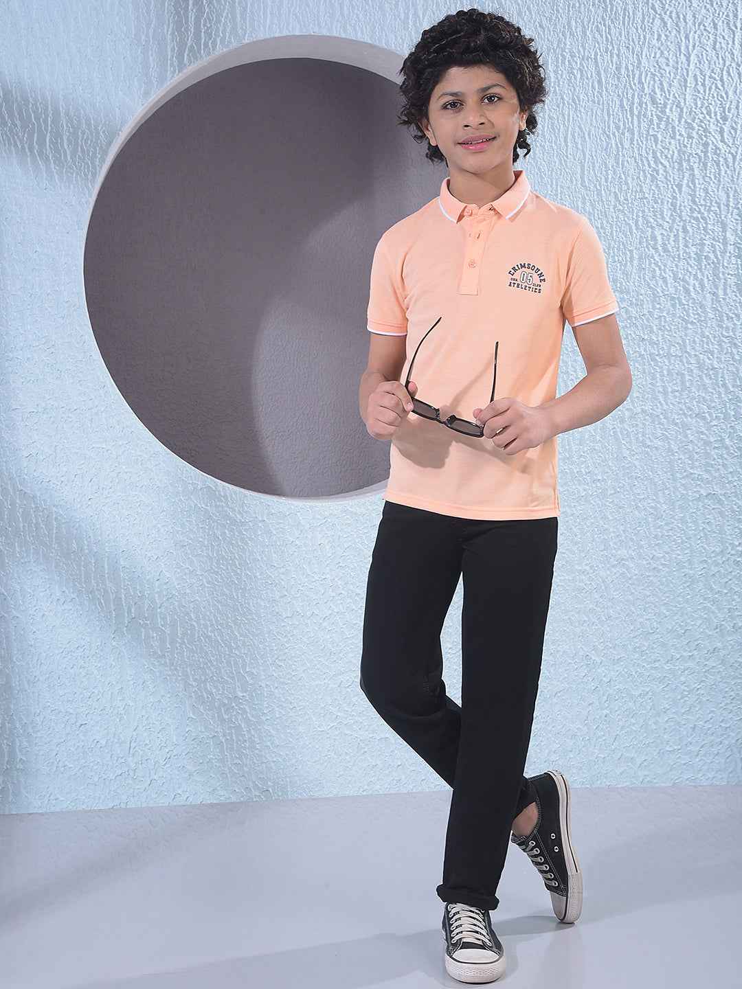 Peach Typographic Print Polo Neck T-Shirt