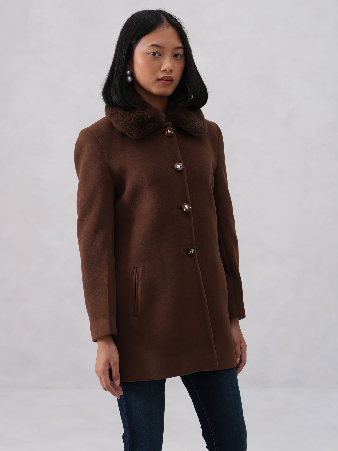 Faux Fur Collar Brown Coat