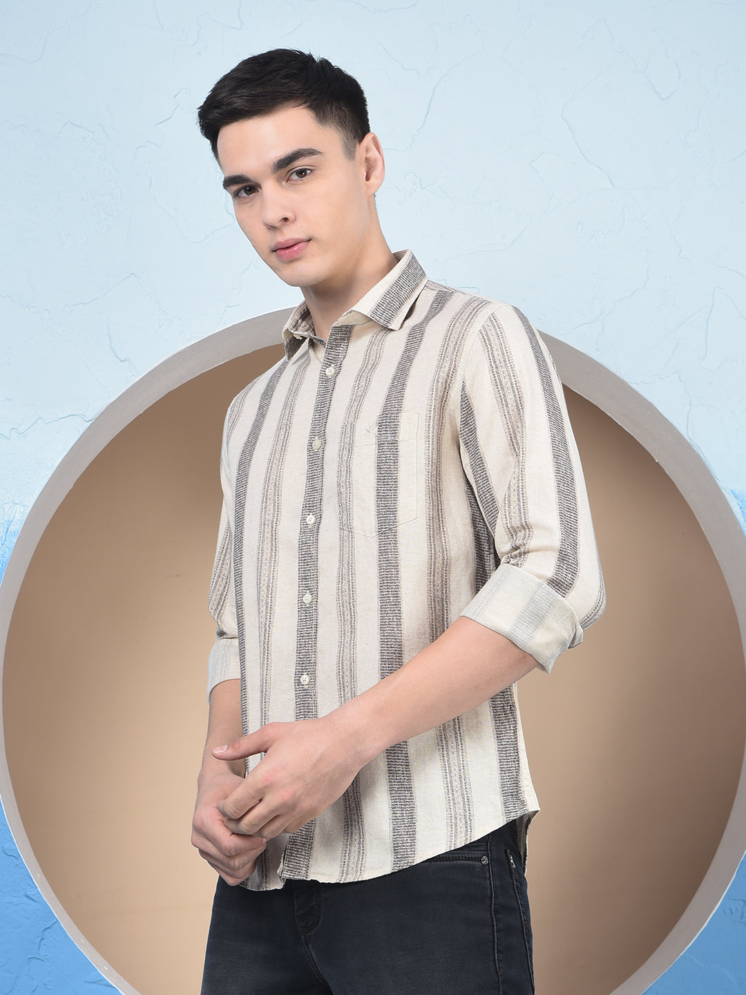 Beige Vertical Stripes Linen Straight Kurta