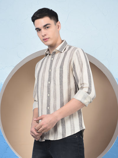 Beige Vertical Stripes Linen Straight Kurta