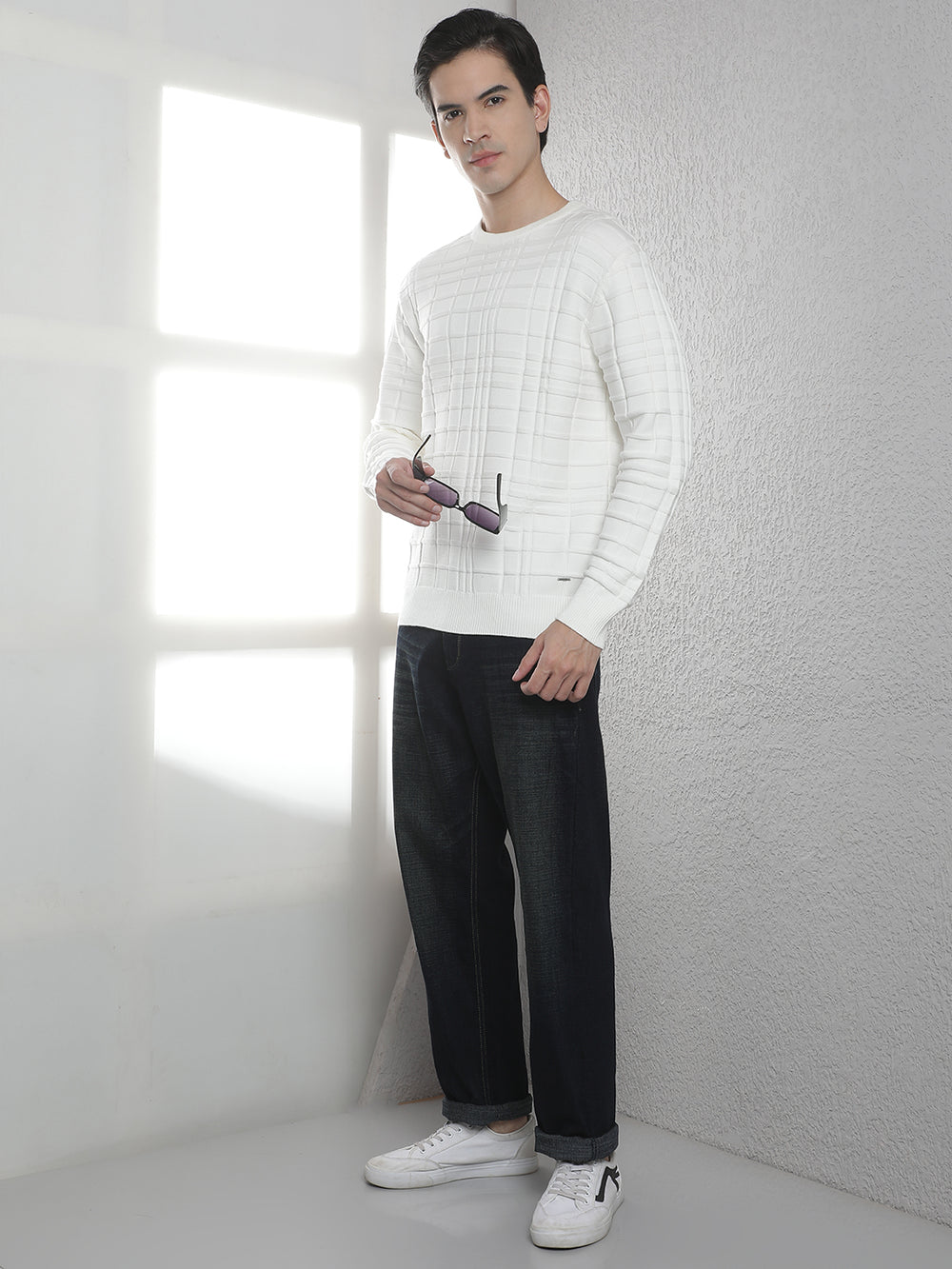 White Jacquard Round Neck Sweater
