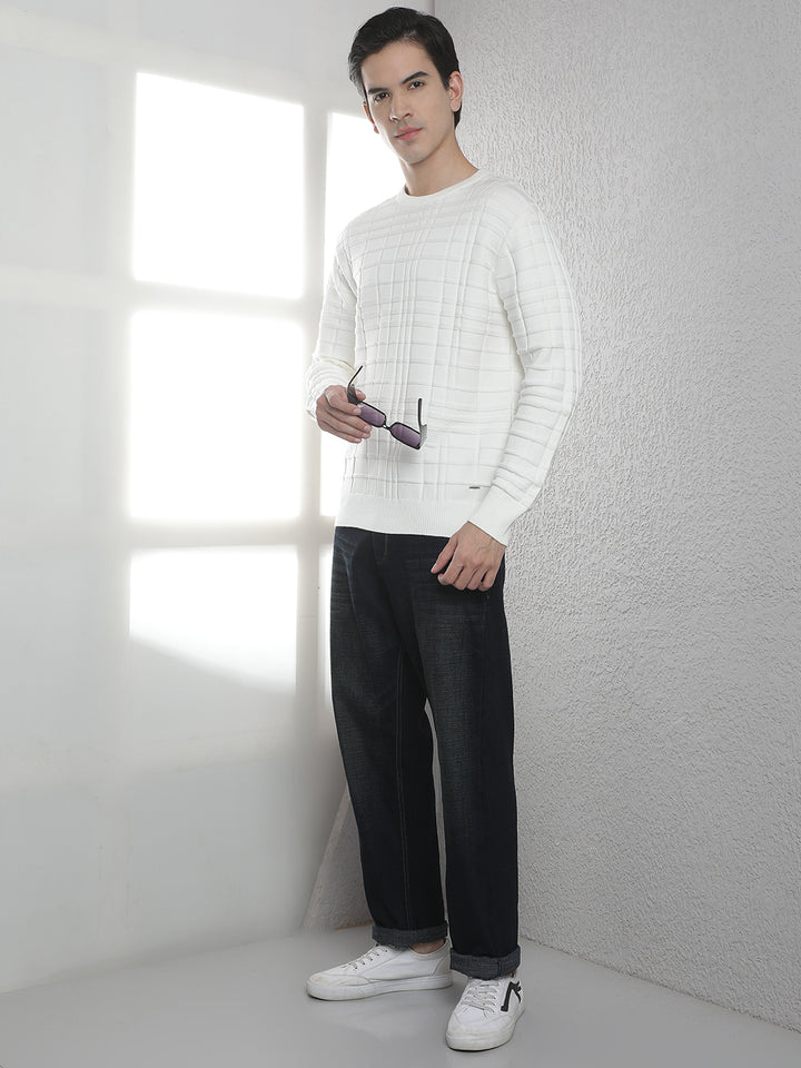 White Jacquard Round Neck Sweater