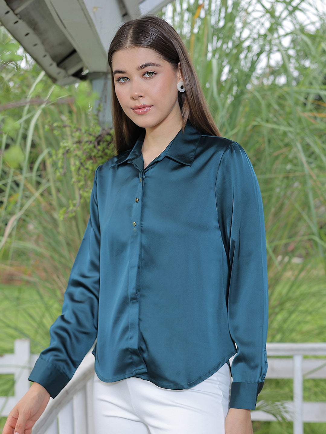 Structured Olive Green Satin Shirt