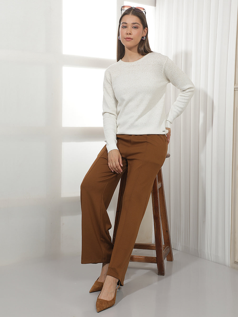 Chic Latte Beige Embellished Sweater