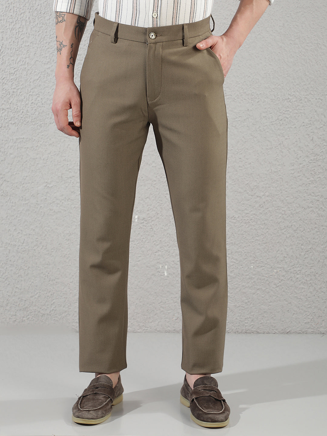 Structured Sand Beige Printed Trousers
