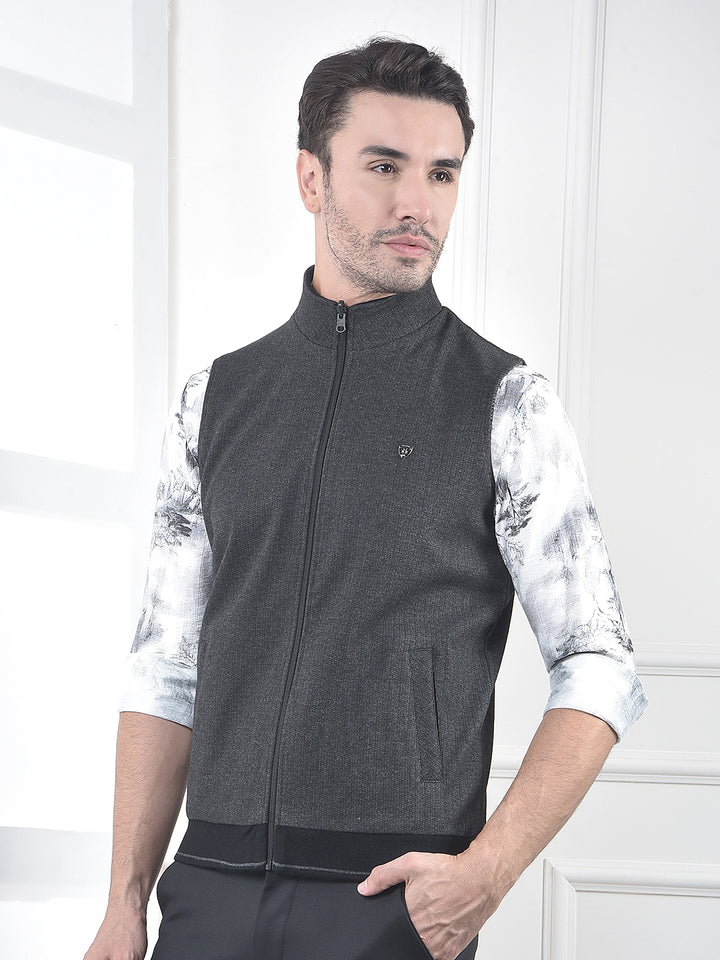 Grey Sleeveless Mock Collar Jacket