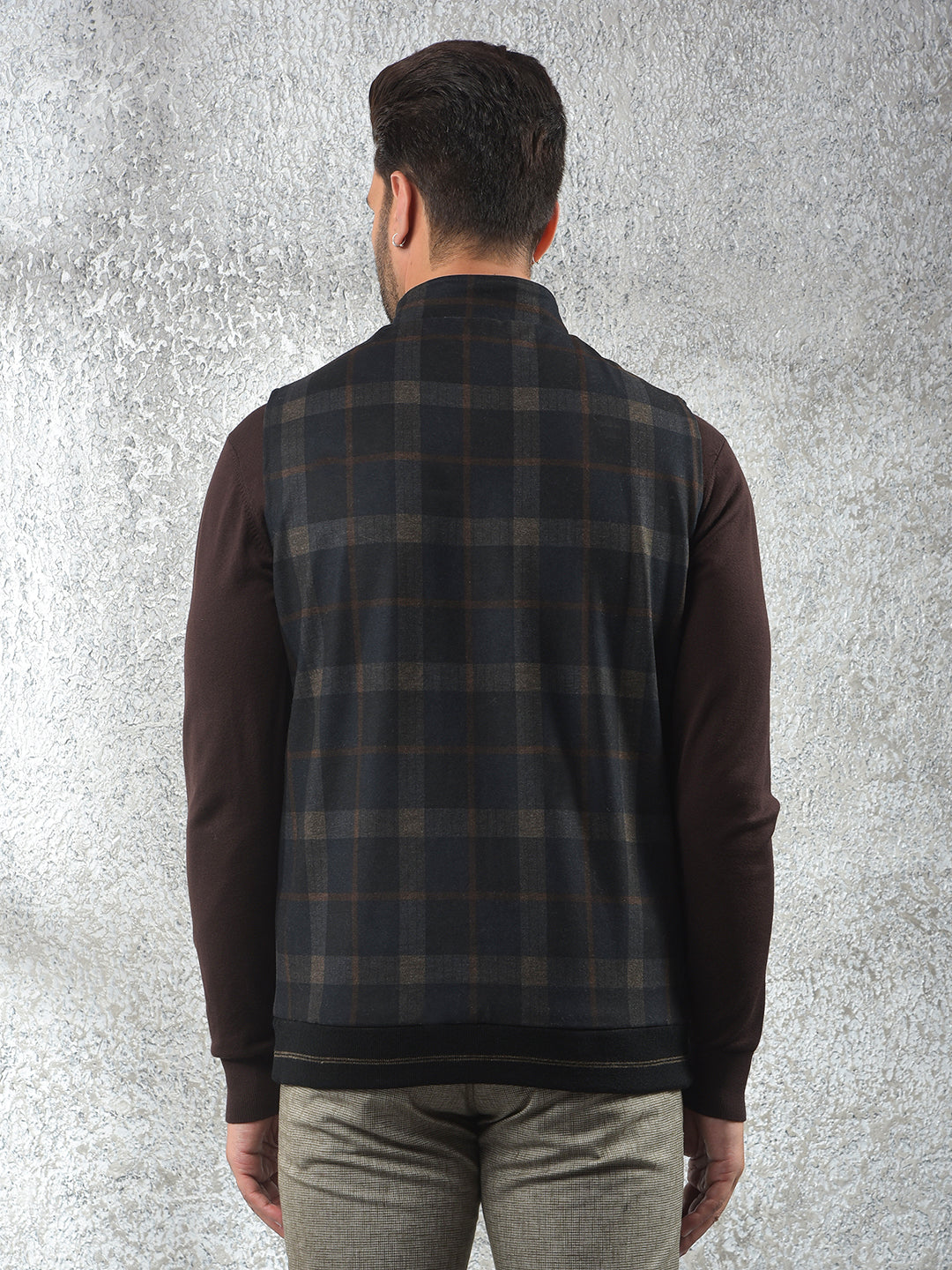 Black Checked Sleeveless Reversible Jacket