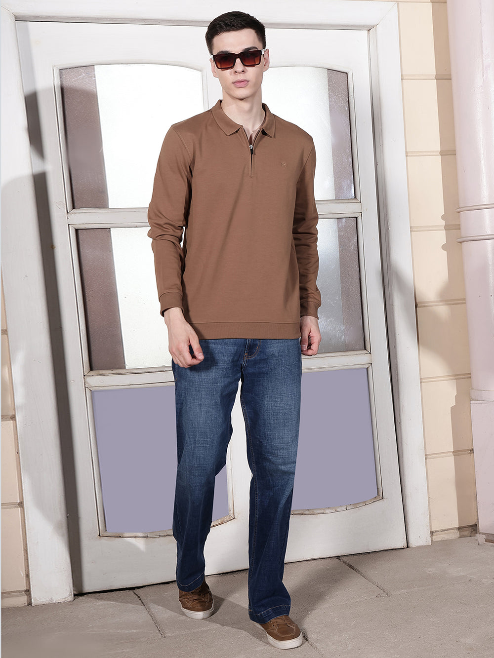 Brown Polo Neck Front Open Sweatshirt