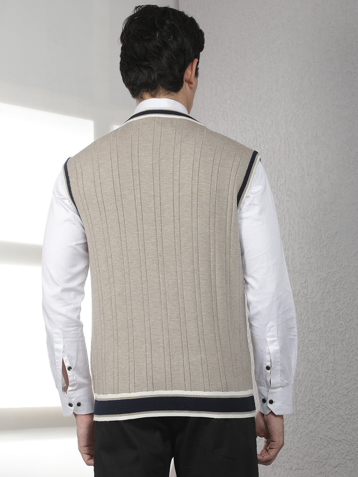 Beige Jacquard V-Neck Sleeveless Sweater