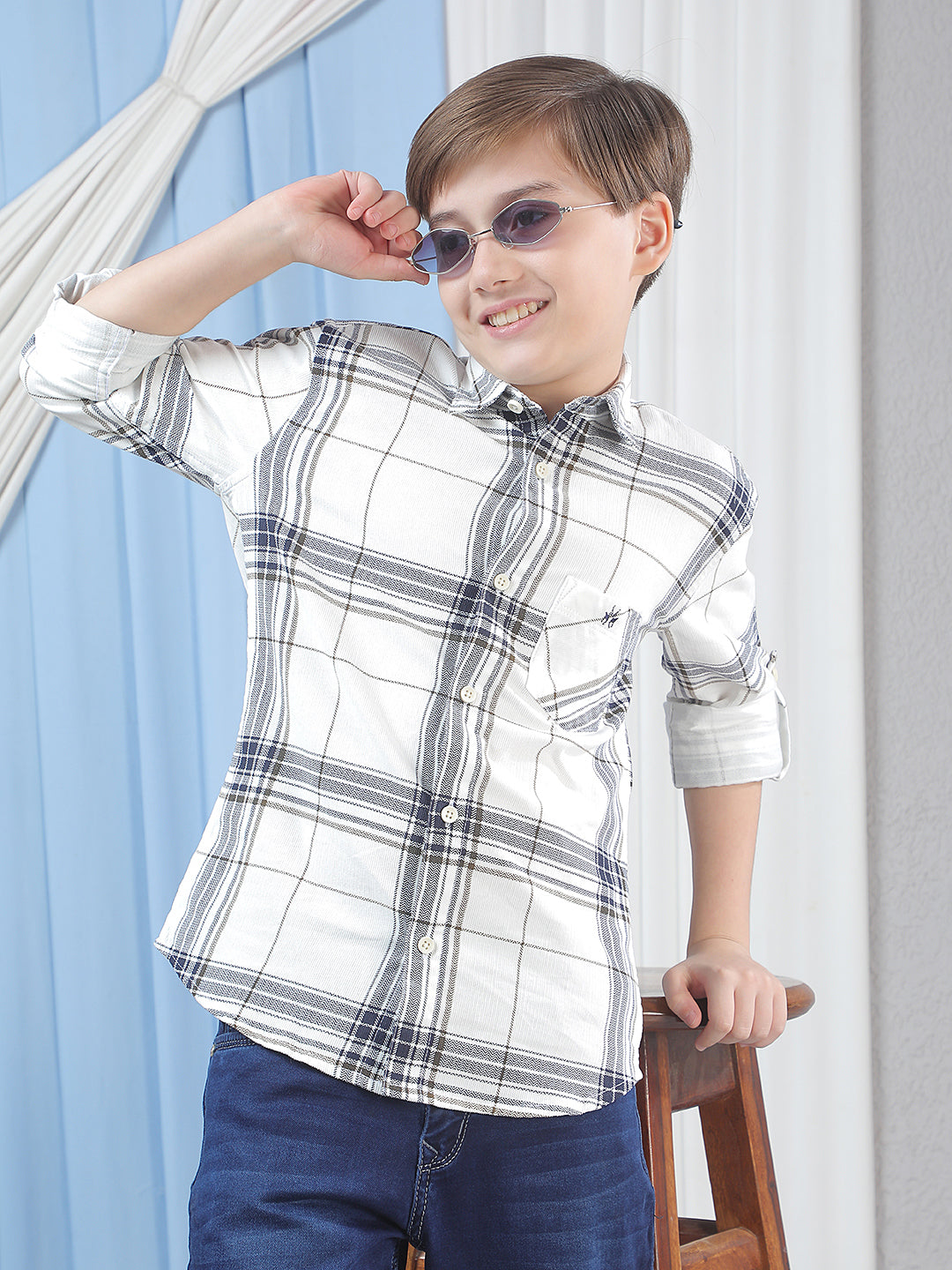White Checked 100% Cotton Corduroy Shirt