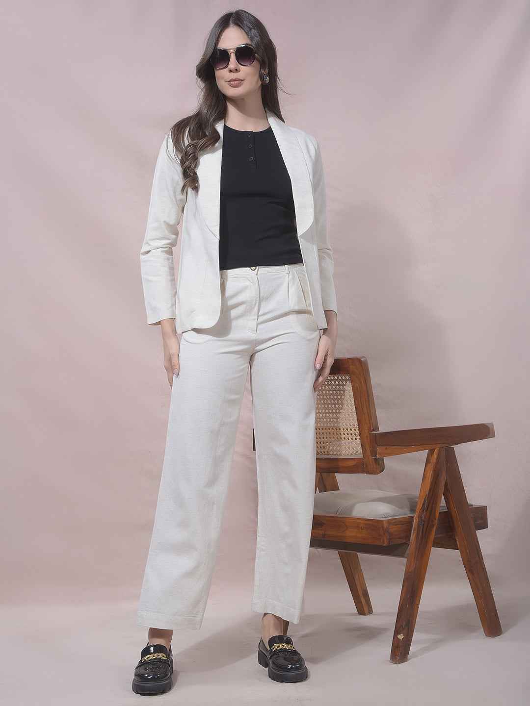 Off White Notched Lapel Open Front Blazer