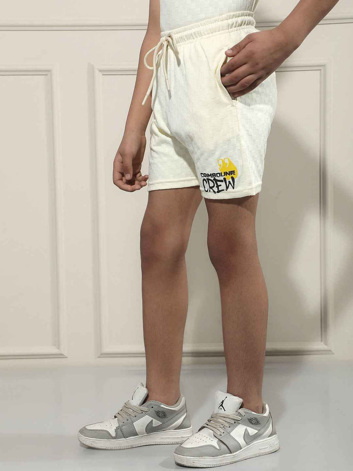 Cream Jacquard Textured Casual Shorts