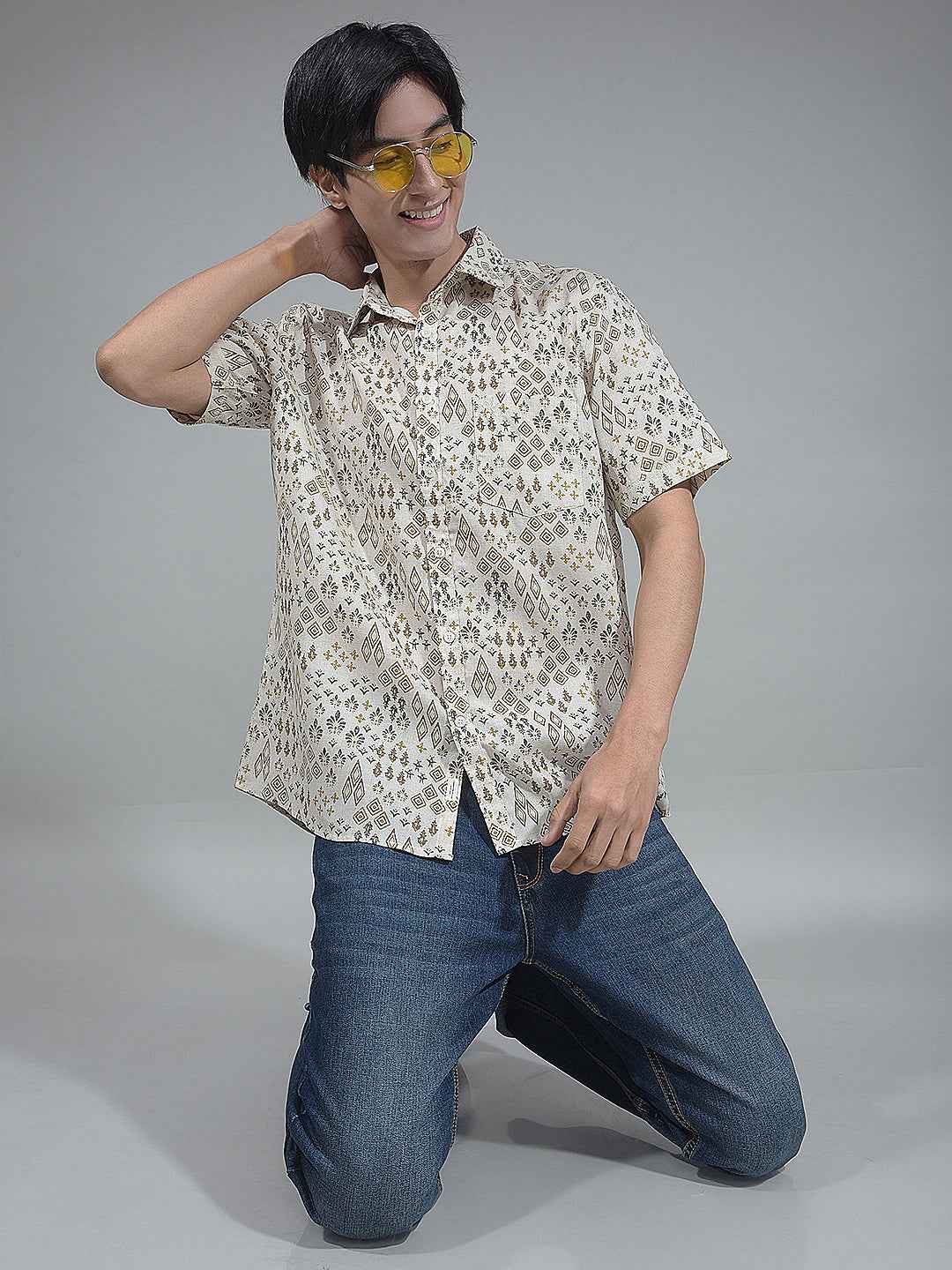 Beige Printed Linen Shirt