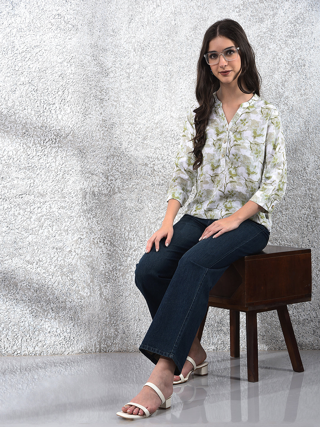 Green Floral Print V-Neck Linen Top