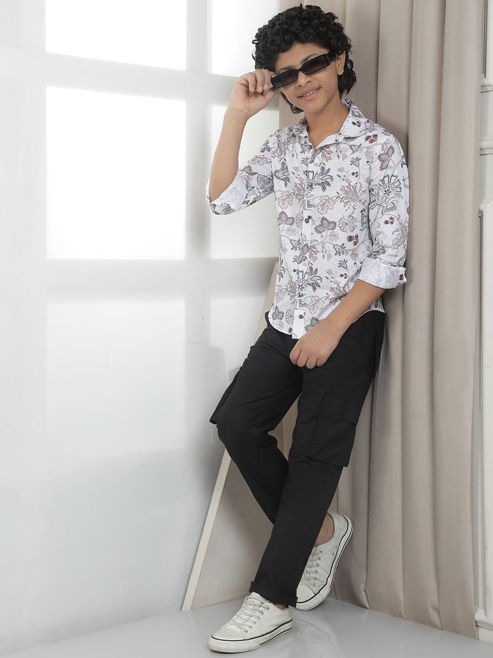 White 100% Cotton Floral Print Shirt