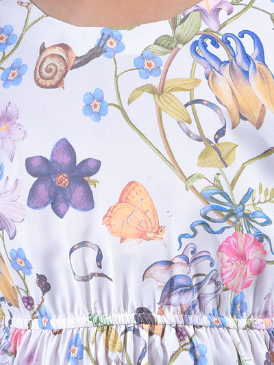 White Floral Print A-Line Dress