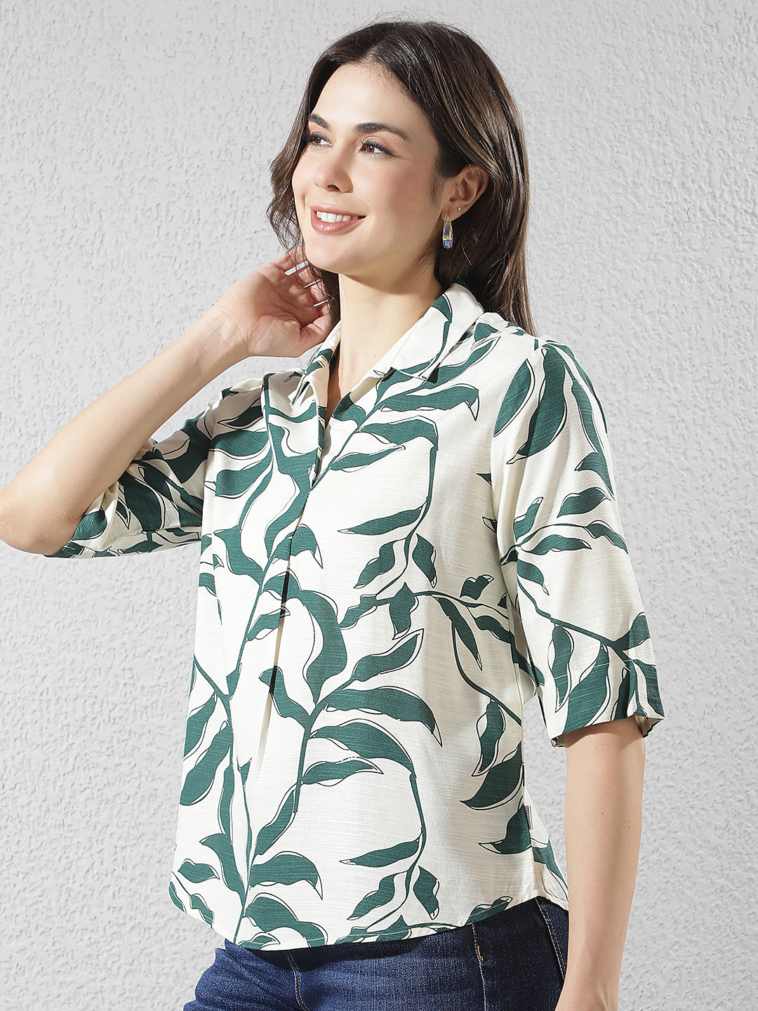 Green Botanical Print Linen Top