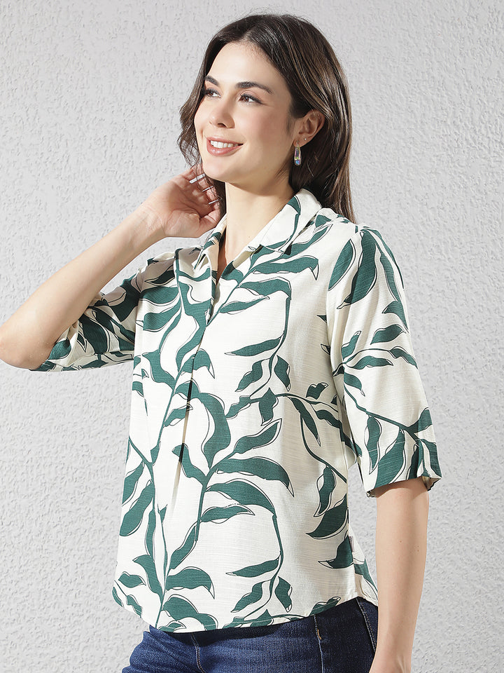 Green Botanical Print Linen Top