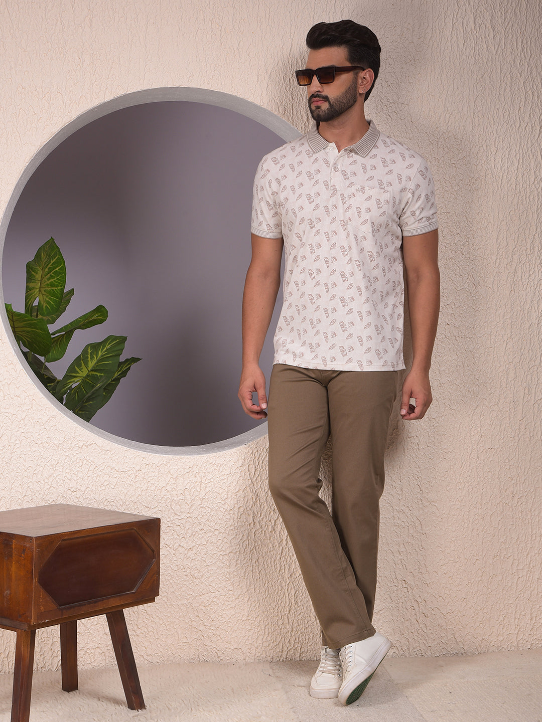 Beige Printed Polo Neck T-Shirt