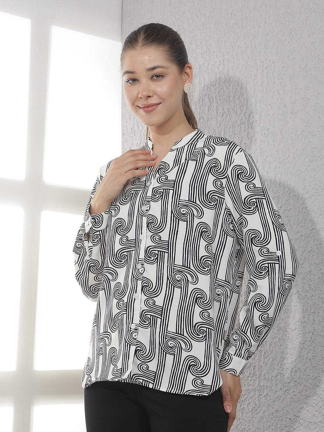 White Printed V-Neck Shirt