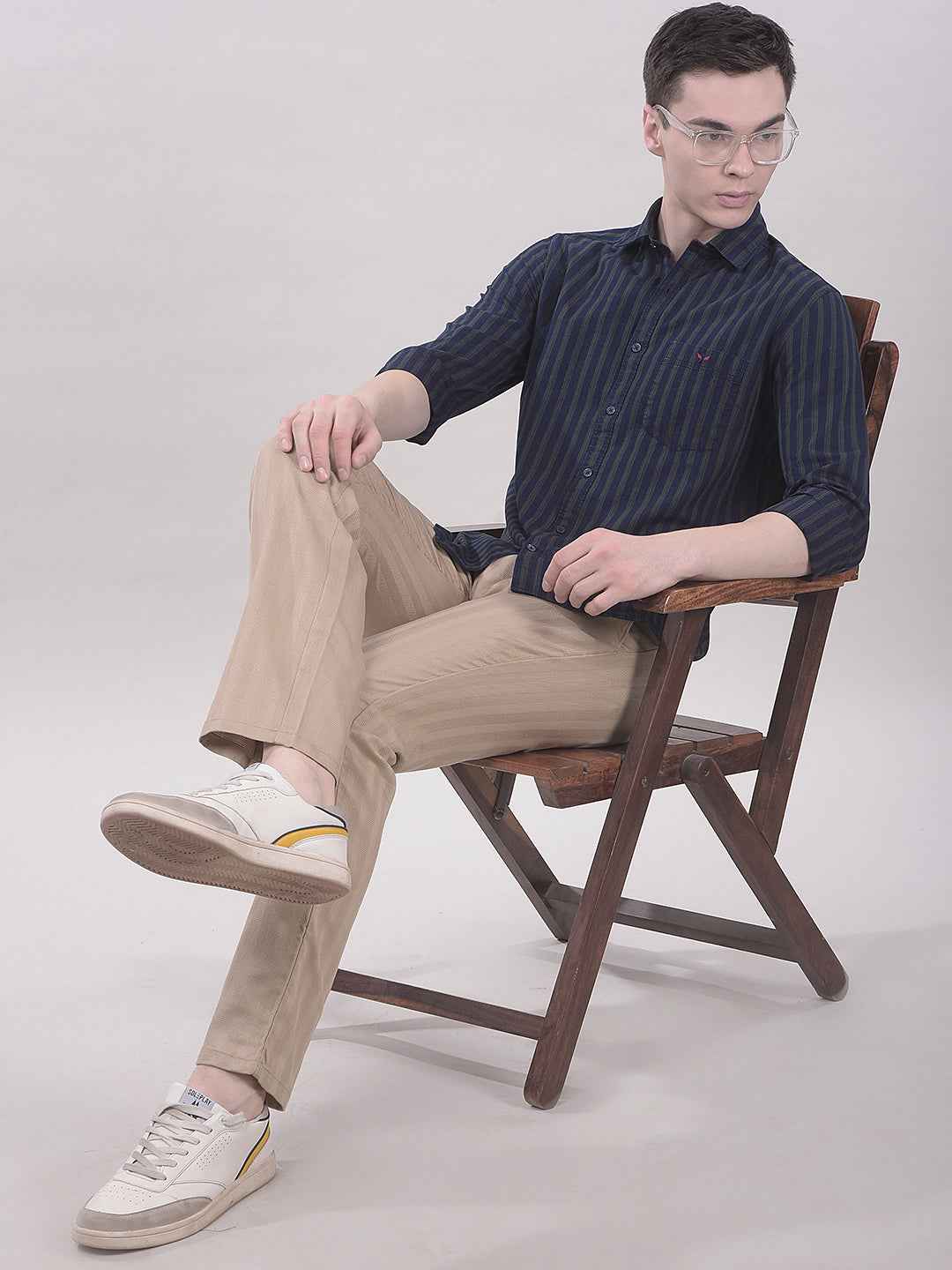 Beige Vertical Stripes Chinos Trousers