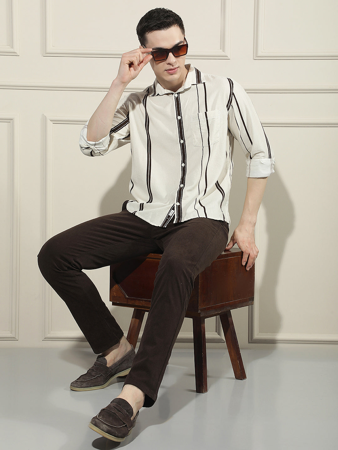 Brown Vertical Stripes 100% Cotton Corduroy Shirt
