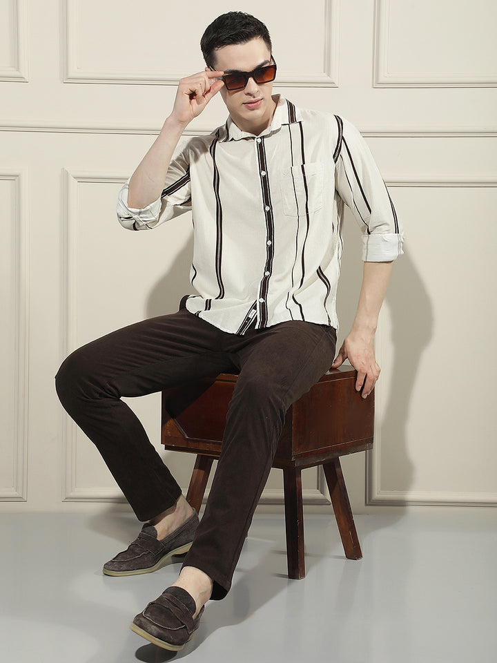 Brown Vertical Stripes 100% Cotton Corduroy Shirt