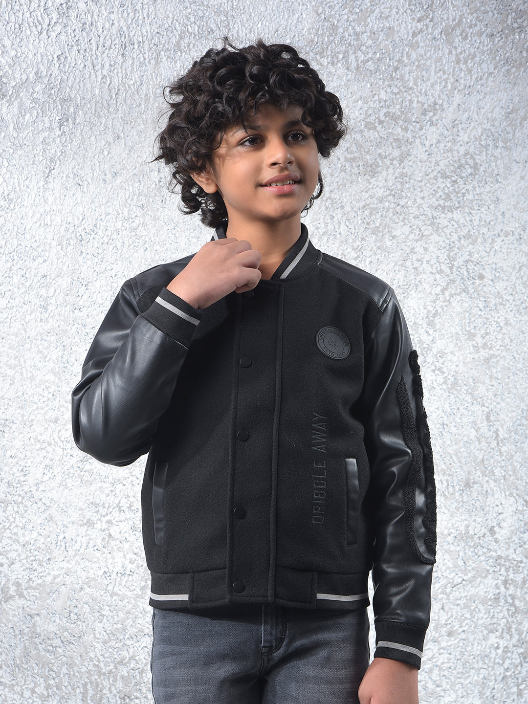 Black Typographic Print Varsity Jacket