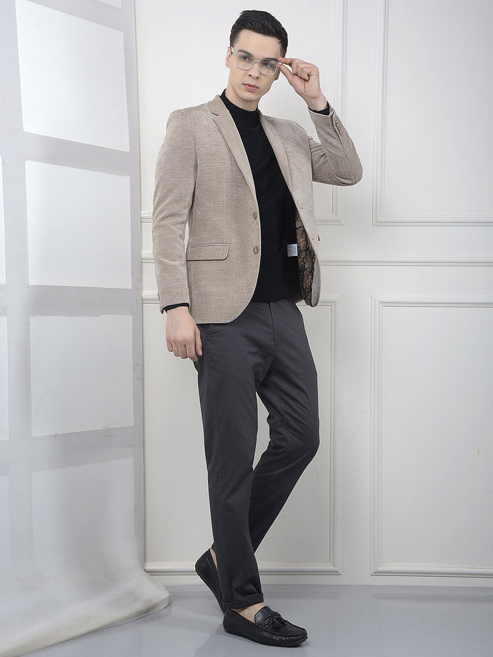 Beige Vertical Striped Notched Lapel Single Breasted Blazer