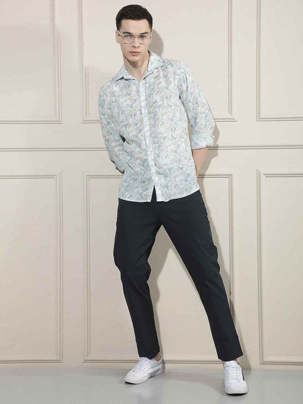 Blue Floral Print Linen Shirt