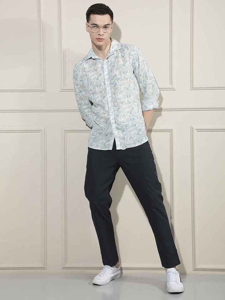 Blue Floral Print Linen Shirt