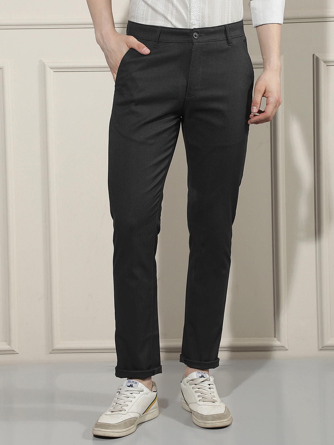 Minimalist Raven Black Textured Trousers