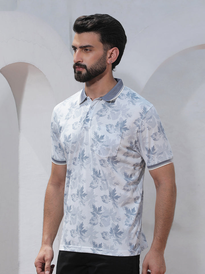 Blue Floral Print Polo Neck T-Shirt