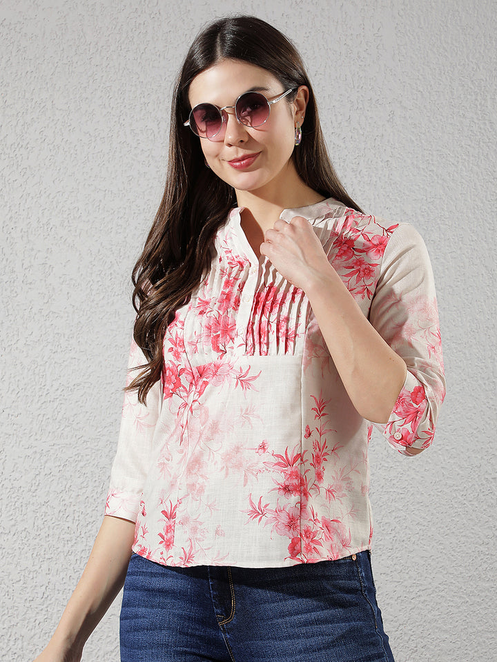 Pink V-Neck Floral Printed Top