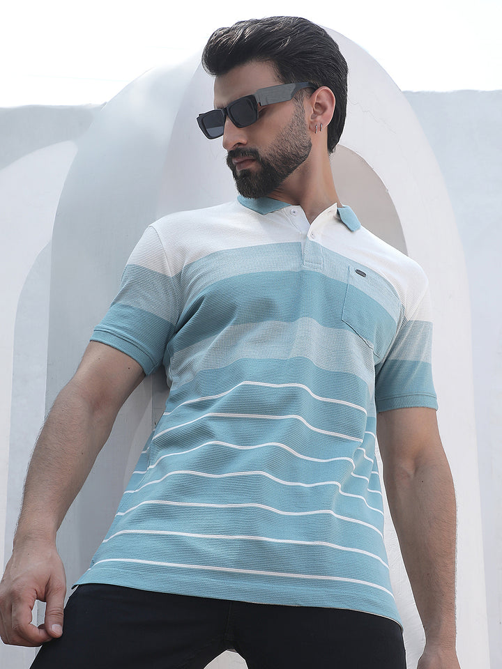 Green Horizontal Striped Polo Neck T-Shirt