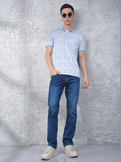 Blue Printed Polo Neck T-Shirt