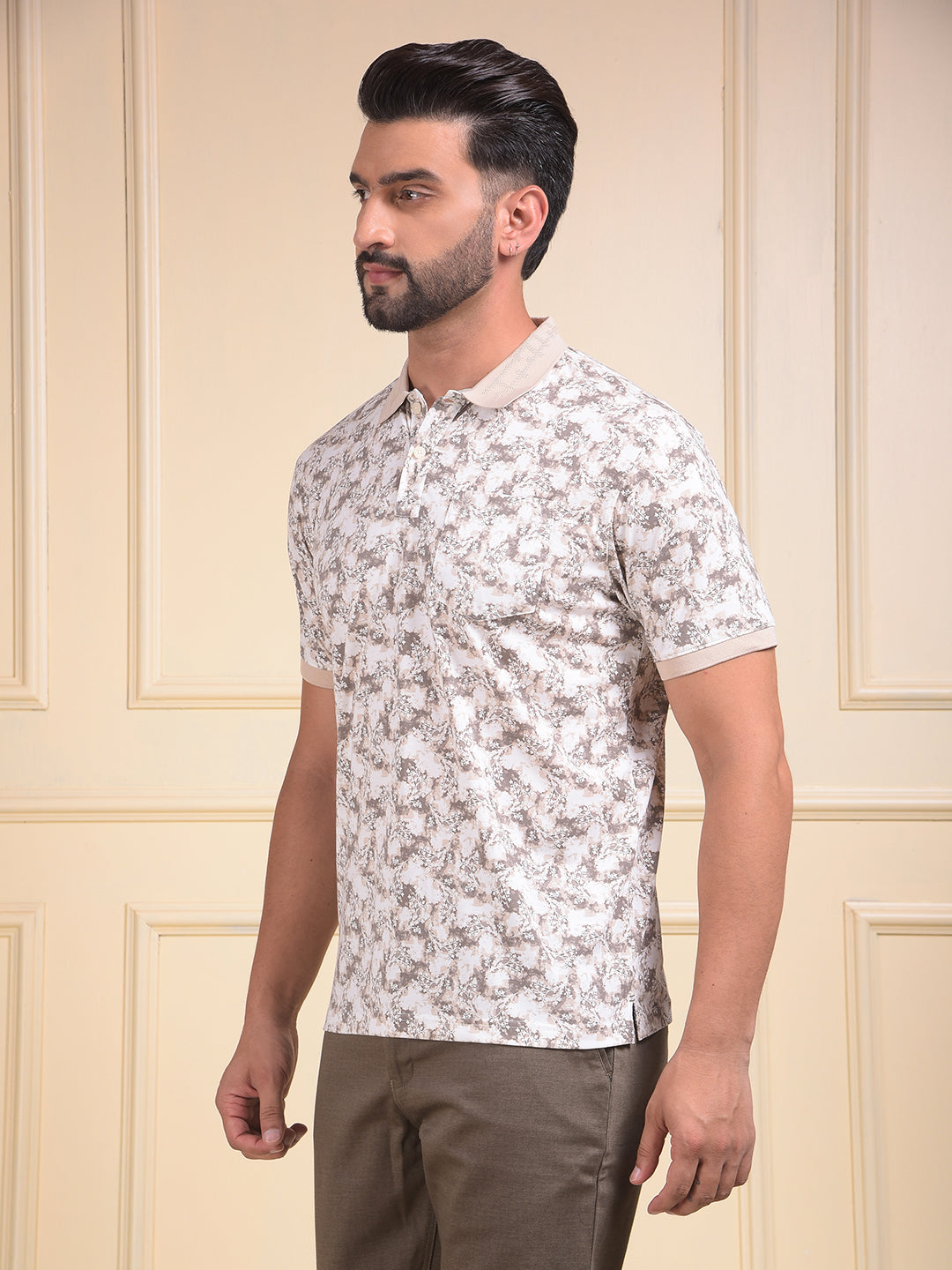 Brown Floral Print Polo Neck T-Shirt