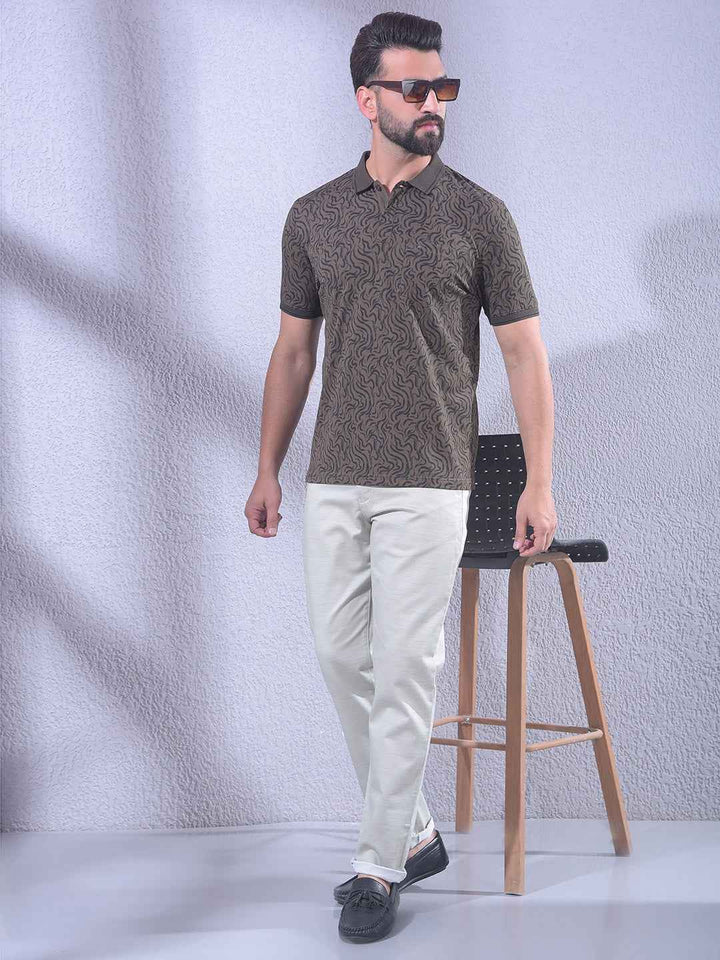 Brown Abstract Print Polo Neck T-Shirt