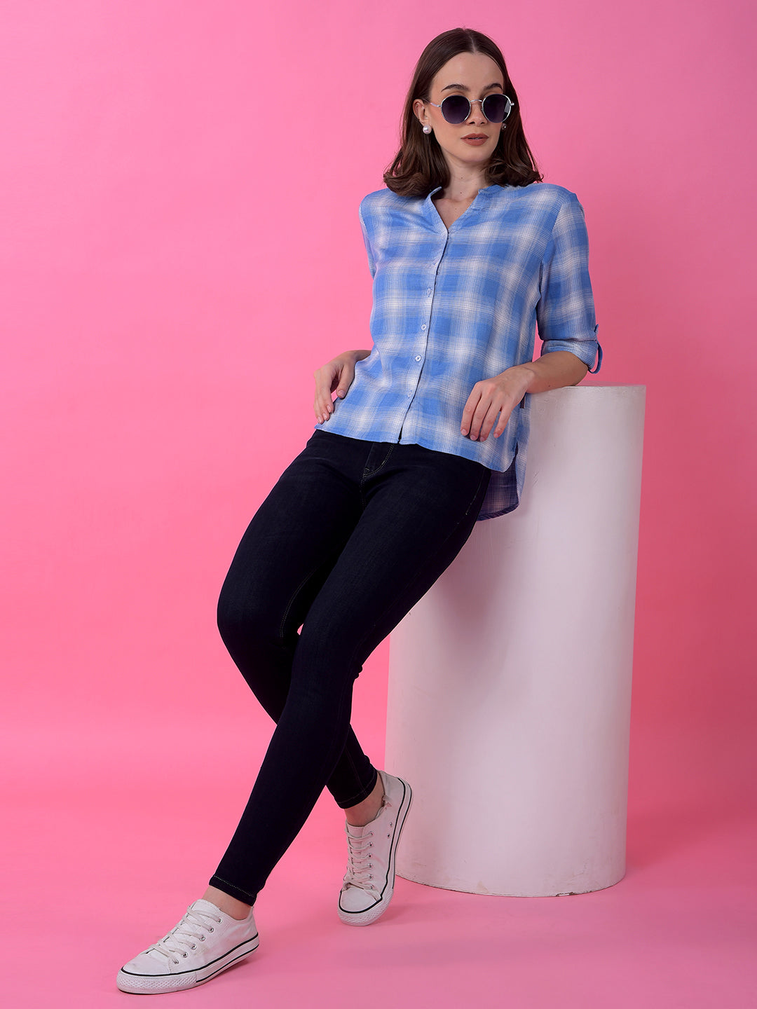 Blue Checked V-Neck Shirt